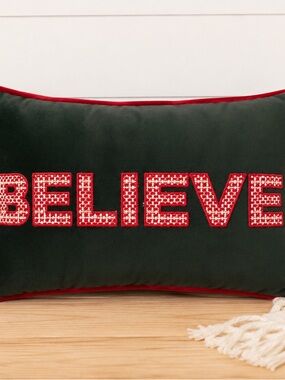 Source Unknown Green Holiday Pillow with Red 'BELIEVE' Embroidery